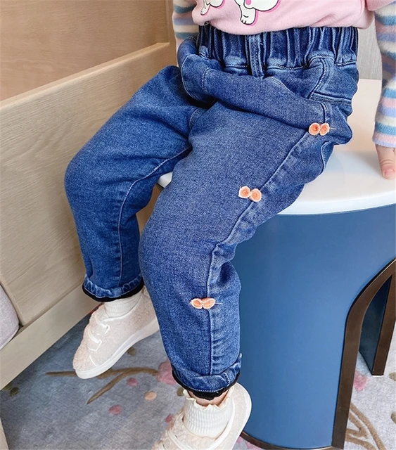 Pantalones vaqueros gruesos para niñas de 2 7 años, Jeans de terciopelo, informales con lazo, invierno - AliExpress Madre y niños