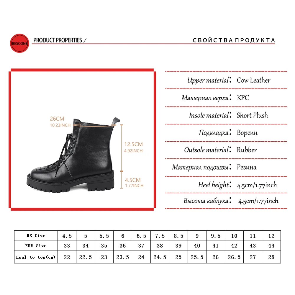 BESCONE Women's Shoes Winter Casual Comfortable Martin Ankle Boots Genuine Leather Platform Round Toe Zipper Boots Woman BC844