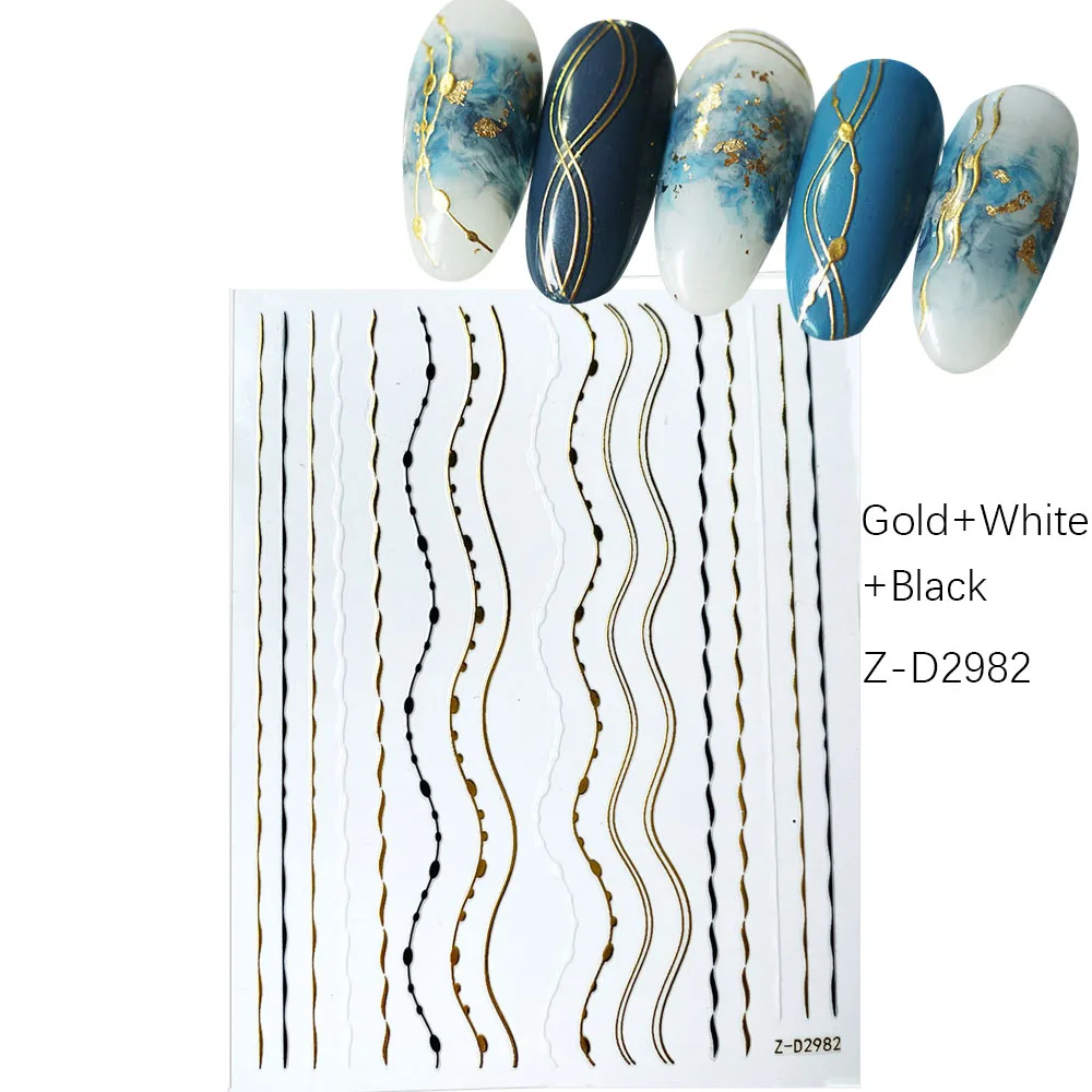 1pcs Gold+Black+White Sliders 3D Nail Stickers Straight Curved Liners Stripe Tape Wraps Geometric Nail Art Decorations new - Цвет: Z-D2982