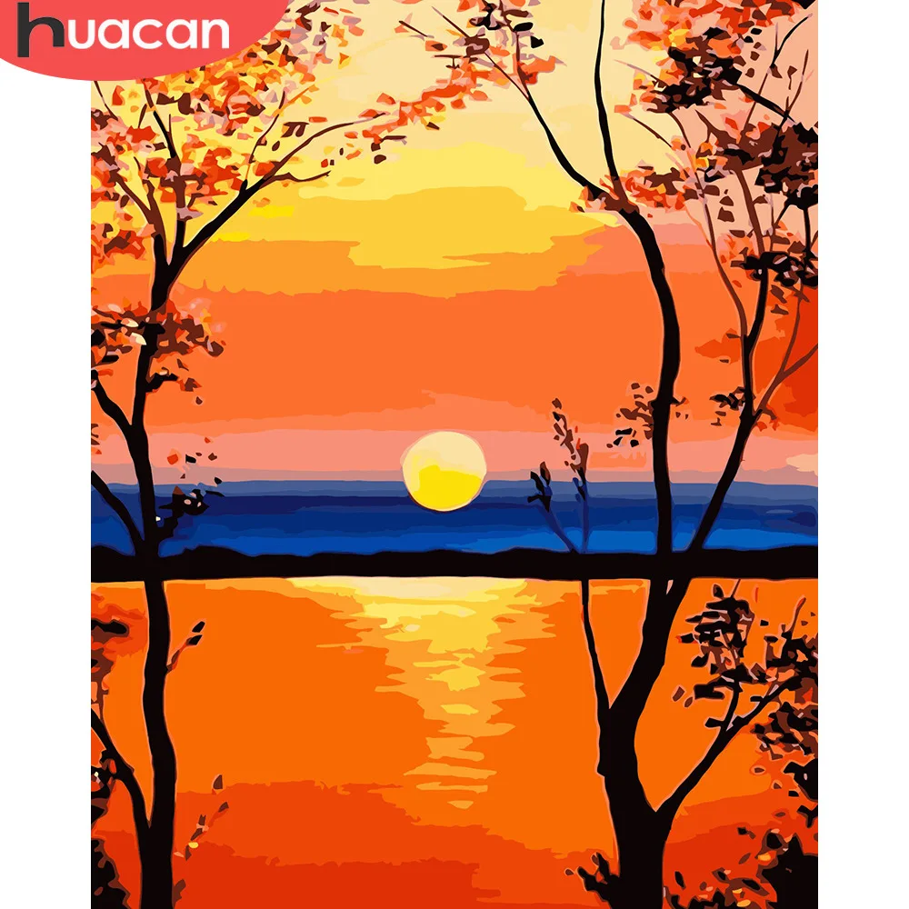 

HUACAN DIY Oil Painting By Numbers Pictures Sunset Scenery Coloring By Numbers Landscape Canvas Painting Living Room Art