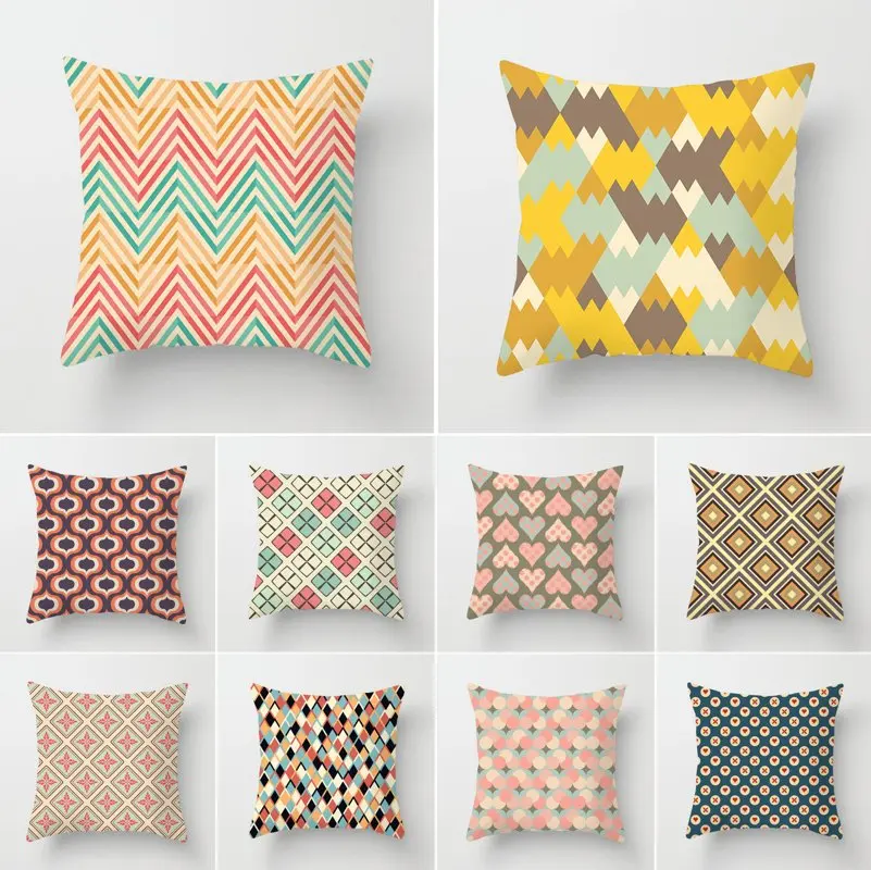 Geometric Cushion Cover Colorful Polyester Throw Pillow Case Wave Heart Dotted Grid Rhombus Geometric Cushion Cover Home Decor