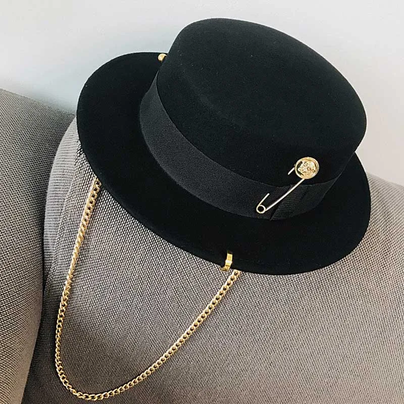 

Fibonacci 2020 Fedora Hat Retro Wool Felt Hat Women European Punk Chain Novelty Flat Top Hats Men Cap Street Fashion Wild Trend