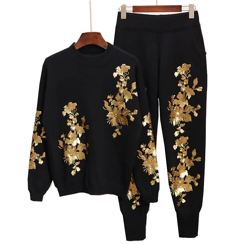 

Fashion Tide Spring New Fashion Flower Embroidered Knit Black Set Female's Casual All-match Two Pieces Set Vestido YF715