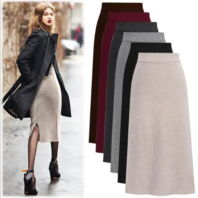 

2019 Autumn Winter Women Sexy Pencil Skirts Wool Rib Knit Long Skirt Package Hip Split Waist midi skirt maxi Plus Size