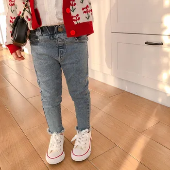 

Spring 2020 new children's wear girl's trousers with raw edge jeans baby tight elastic pants