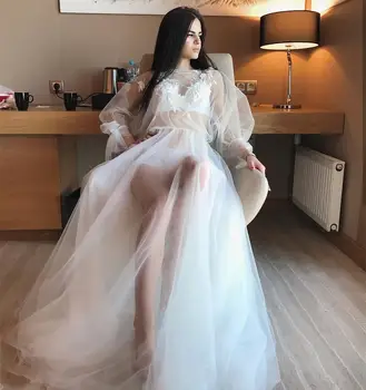 

Pink Evening Dress 2020 See Through Long Puff Sleeve Sexy Women Girl Formal Party Gowns Elegant Lace Appliques Gorgeous Floor