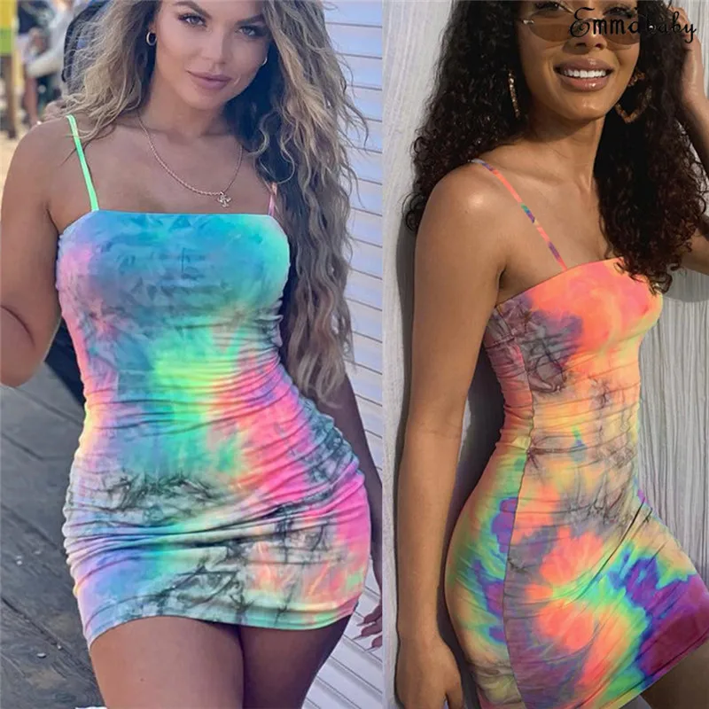 

2019 Brand New Women Female Sling Sleeveless Slash Neck Tie Dyeing Print Bodycon Short Mini Pencil Dress for Party Cocktail Club