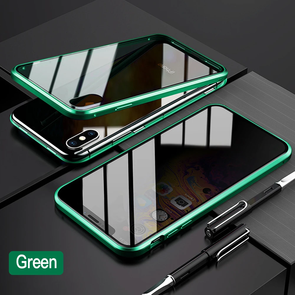 Green Конфиденциальное магнитное закаленное стекло чехол для телефона для iPhone X XS 11 Pro MAX 8 7 Plus анти Пип 360 Полное покрытие для samsung Note 10 Plus - Цвет: Green