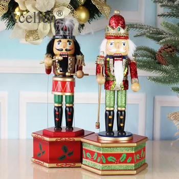 

38cm Wooden Nutcracker Nutcracker Doll Puppet Music Box for Home Christmas Decoration Figurines Ornaments Gifts