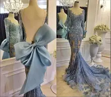 

sexy backless Mermaid formal Evening Dress Long Sleeves Lace Applique Big Bow Pageant Prom Party Gown Custom Made robe de soiree