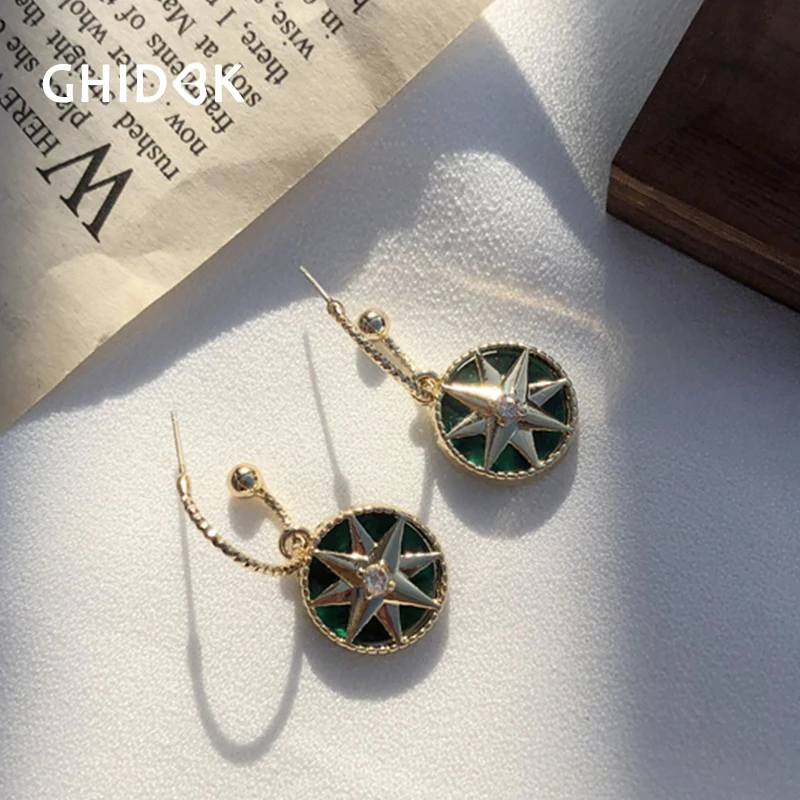 

GHIDBK Graceful Rhinestone Coin Compass Hoop Earrings Statement North Star Disc Medallion Earring French Romantic hoops Jewelry