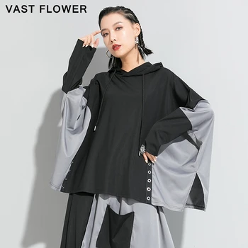 

Women oversized loose t-shirt new hooded batwing sleeve fashion patchwork clothes plus size tee shirt femme tops spring 2020