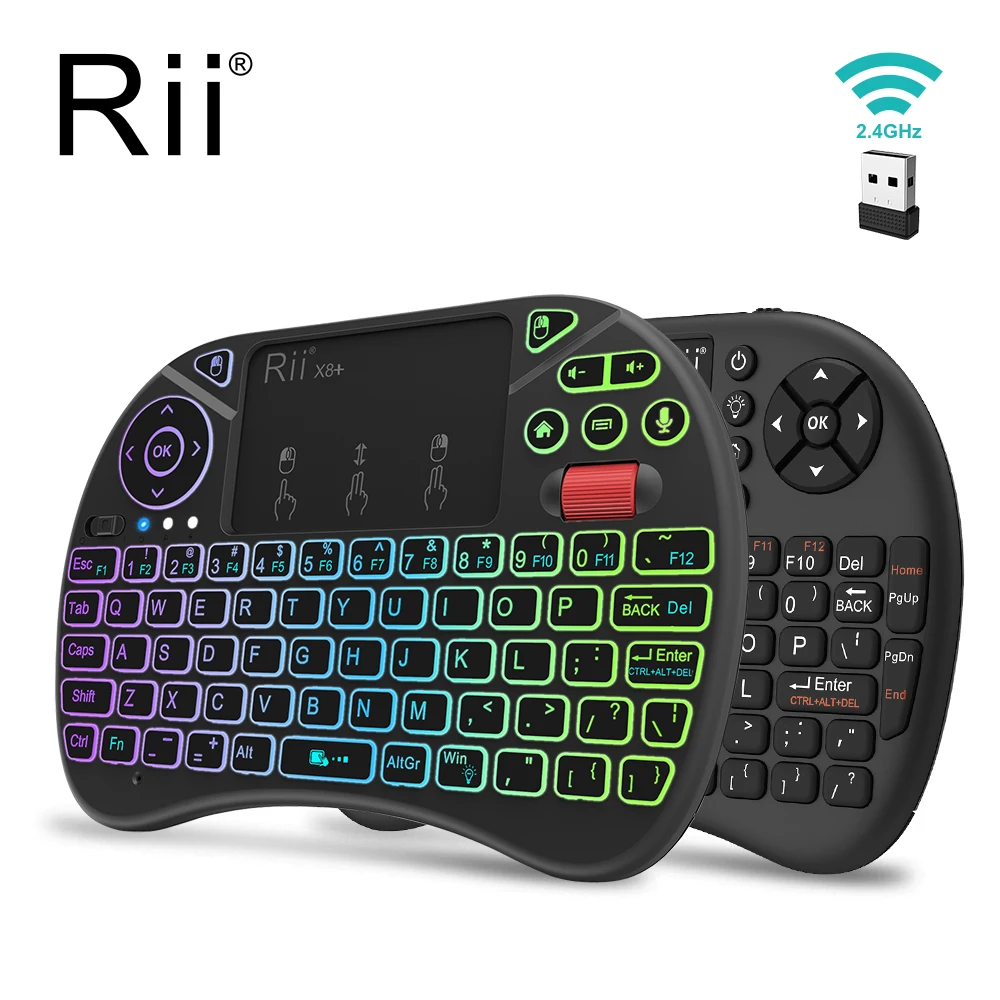 Rii-mini Teclado sem Fio x8 Mais i8 Mais 2.4g com Touchpad Pesquisa por Voz Retroiluminado Led Bateria Li-ion Recarregável para Android tv Box pc