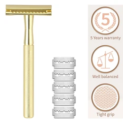 Golden Safety Razor For Men Shaving&Hair Removal Eco Friendly Double Edge Blade Razor With 5 Shaving Blades Metal Manual Shaver
