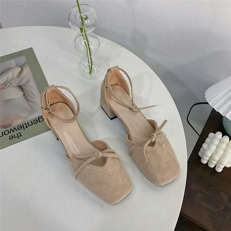

free shipping 2020 spring and autumn casual wild pure color square head suede thick heel retro sandals women evening high heels