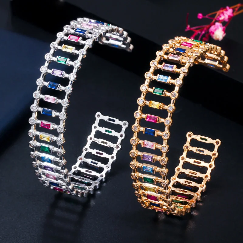 CWWZircons Chic Rainbow Cubic Zirconia Open Cuff 585 Gold Bracelet Bangle for Women Fashion Brand CZ Wedding Party Jewelry BG039