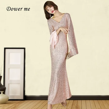 

Long Split Sleeves Evening Dress GK119 V-neck Spakling Sequined Robe De Soiree Formal Mermaid Vestidos De Fiesta De Noche