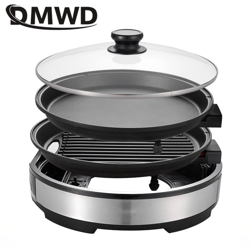 DMWD 220V 다기능 전기 바베큐 그릴 무연 바베큐 팬 3-5 인용, 붙지 않는 전기 프라이팬 팬케이크 메이커 