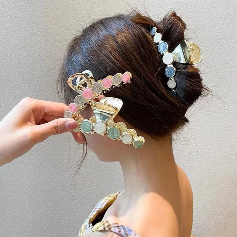 

Fashion Metal Big Hair Claws For Women Jewelry Korean Elegant Round Enamel Gold Color Crab Clips Hairpins Girls Hair Accessories