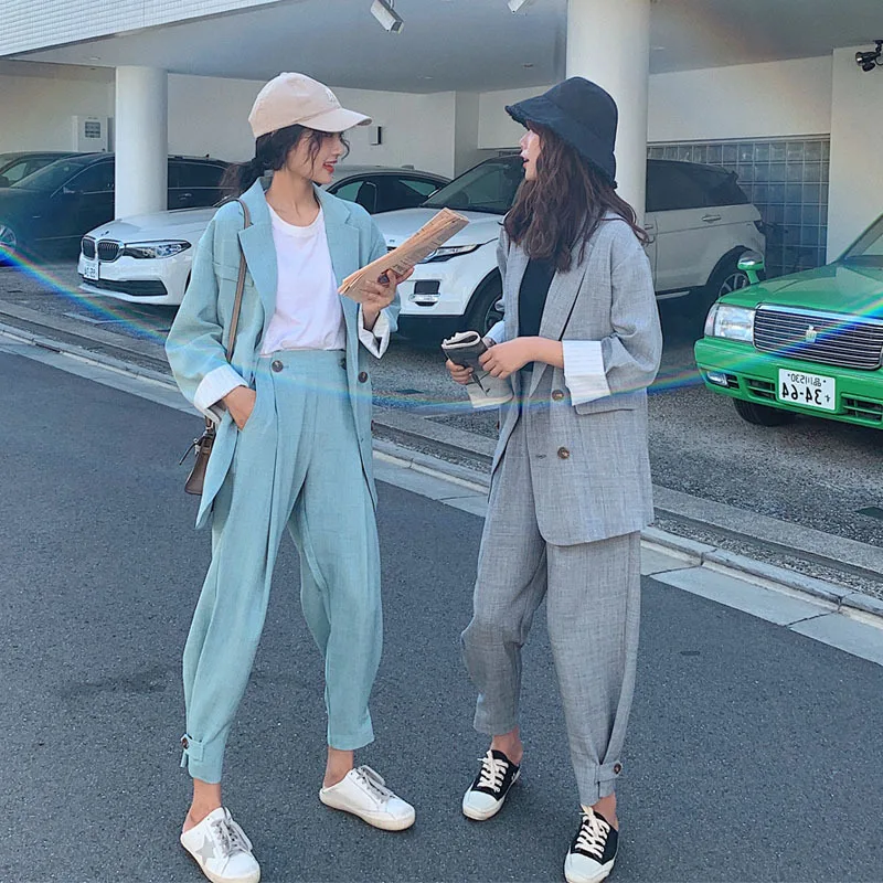 

Work Pant Suits OL 2 Piece Sets Double Breasted Striped Blazer Jacket & Zipper Trousers Suit For Women Set Feminino