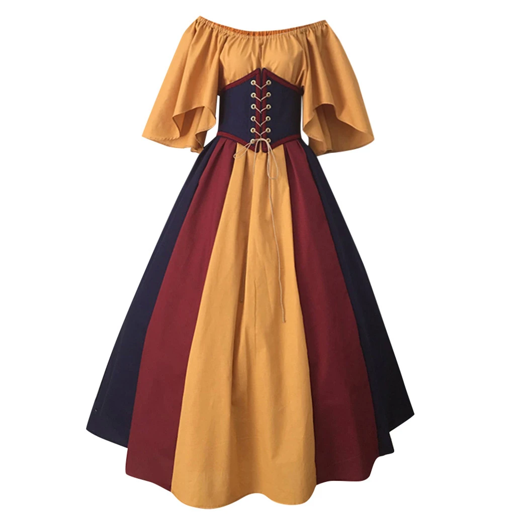 

Zoulv Contrast Dress Shoulder Dress Retro Dress Celtic Medieval Patchwork Women's Renaissance Cosplay Winter Torch Sleeve
