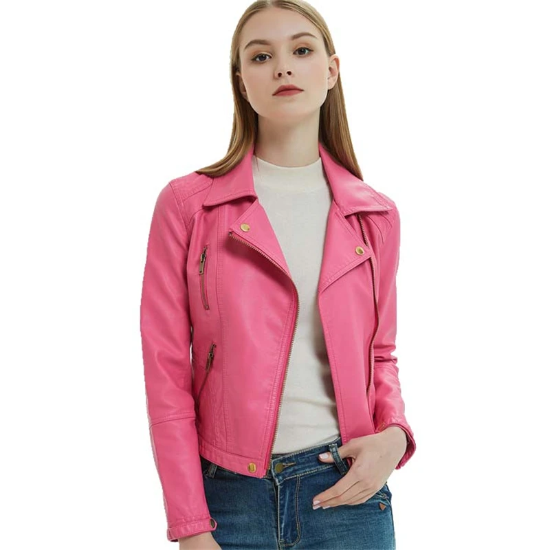 Chaqueta de motociclista de piel sintética para mujer, chaqueta color rosa, ajustada, con cremallera inclinada, color de cuero| - AliExpress