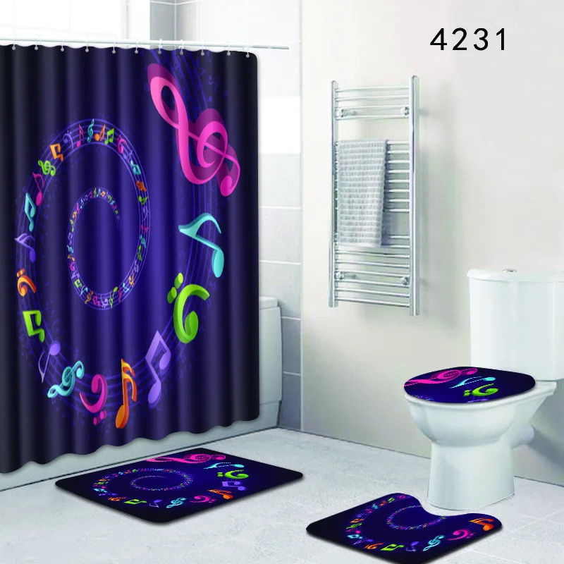 

Multi Element Design Bathroom Shower Curtain Floor Mat Toilet Cover Pad Four Piece Set Pattern Shower Curtain Set Bath Mats Rugs