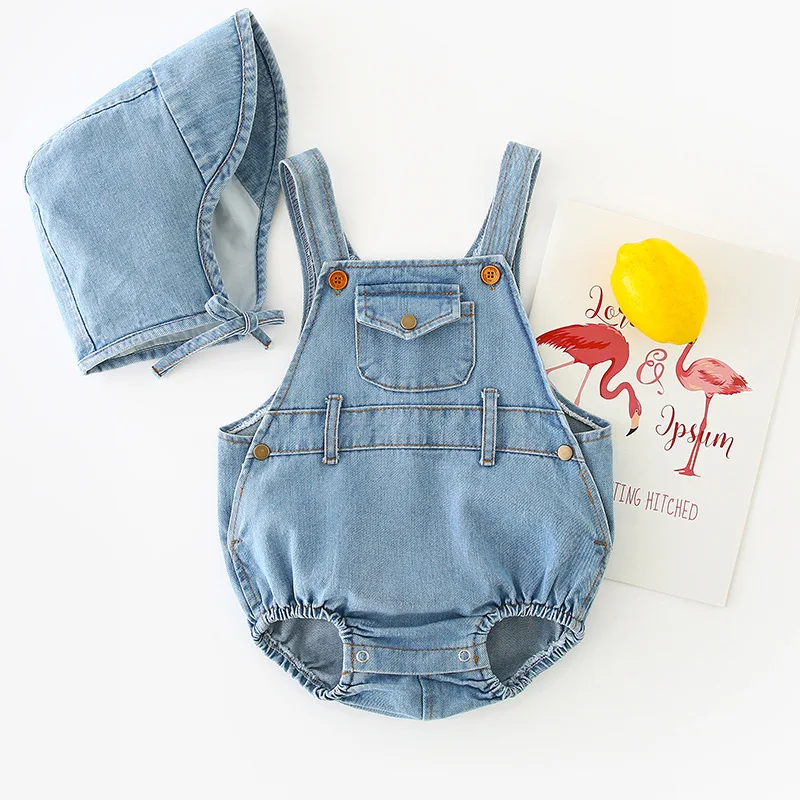 Autumn New Little Children Denim Sleeveless Fashion Rompers with Hat Toddler Baby Strap Cowboy Cotton Suspender Pant Cloth - Цвет: blue