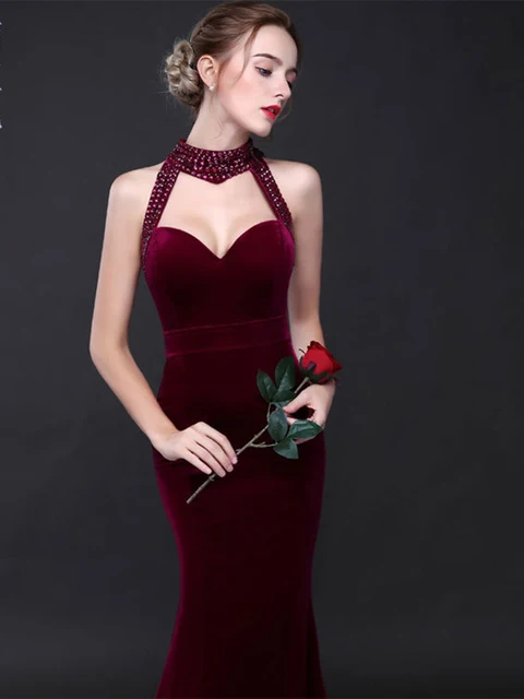 Vintage Elegant Velour Evening Dress Sexy Backless Sleeveless Formal Robe Mermaid Floor Length Party Vestidos Halter Prom Gowns Burgundy