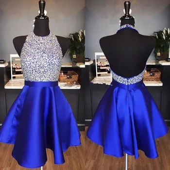 

Blue Mini Homecoming Dresses Halter major Beading Sequins Backless Cheap party Dress A Line Satin Cheap Prom Dress For Teens