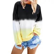 Женская тонкая туника с длинными рукавами и круглым вырезом, блузки, Повседневный пуловер с галстуком-красителем, топы, толстовка