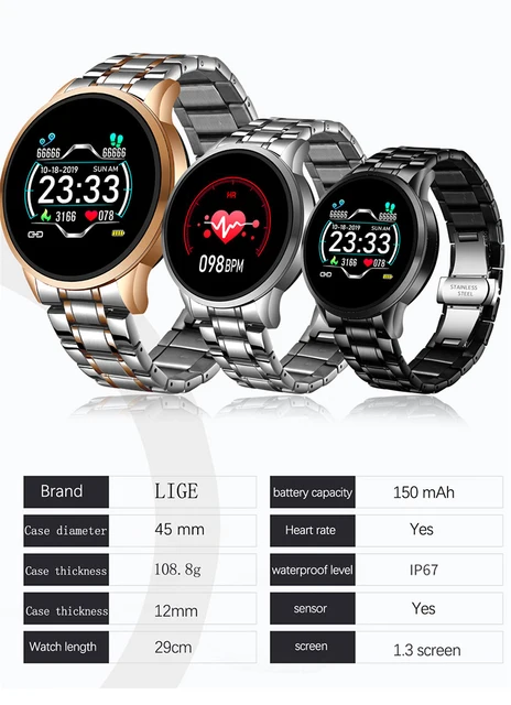 LIGE 2020 New Smart Watch Men Heart Rate Blood Pressure Information Reminder Sport Waterproof Smart Watch for Android IOS Phone 6