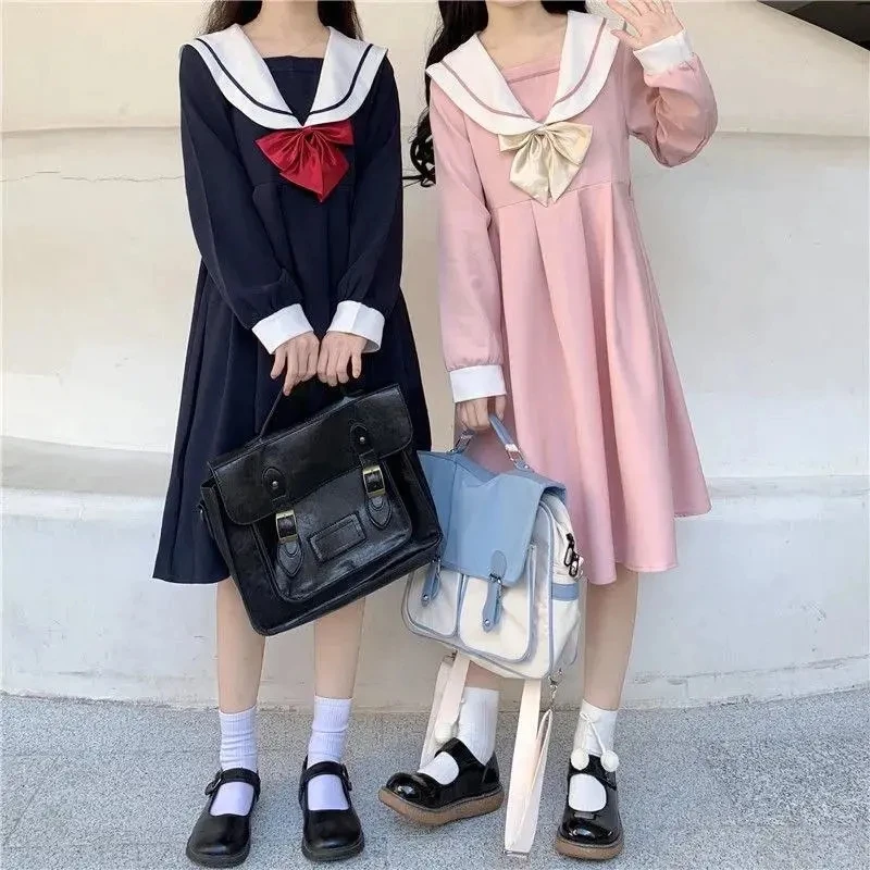 Harajuku Sailor Collar Navy Dress Japanese Lolita Sweet Bow-knot Girl Retro Cotton Kawaii Preppy Style Short Sleeve Dress Women