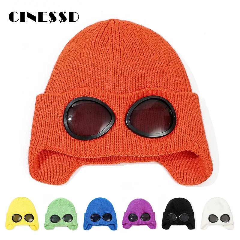 

2020 New Brand Unisex Winter Hat Warm Knit Hat Women Ear Flap Hat With Glasses Casual Solid Beanie Fashion Earmuff Hat Bonnet