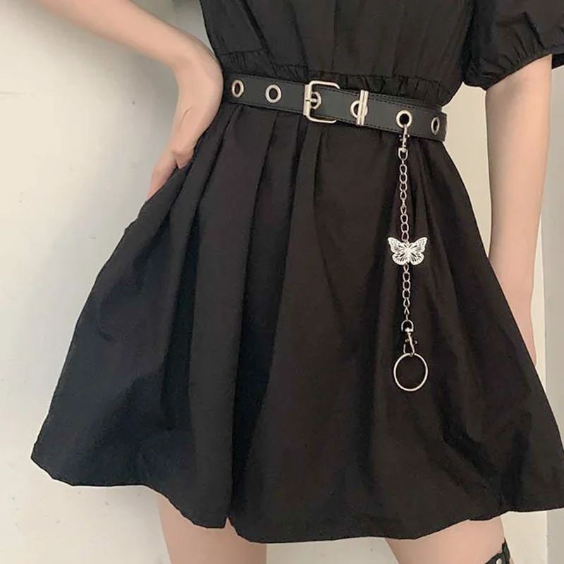 

Punk Fashion Leather Belt For Women Metal Hole Butterfly Chain Waist Strap Designer Ladies Trouser Dress Decoration Waistband
