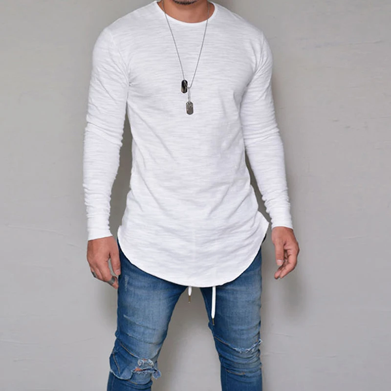 Men's Slim Fit O Neck Long Sleeve Muscle Tee Hipster T-shirt Casual Tops Blouse Hip Hop Basic Curved Hem T Shirt Fall | Мужская