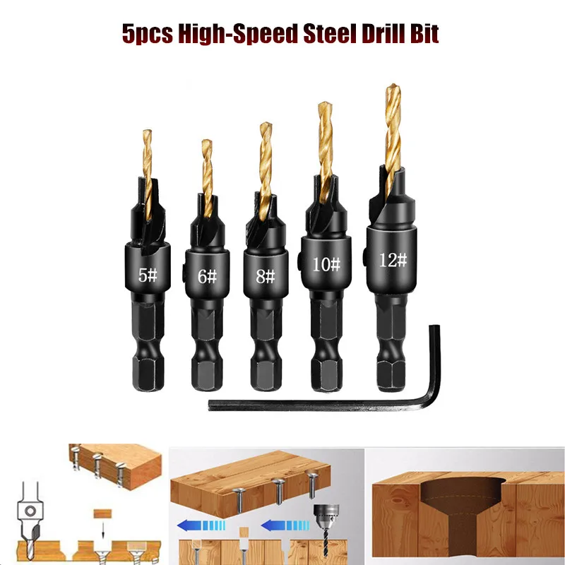 5PCS Hex Quick Change Shank Countersink Tapered Drill Bits Cone Reaming Drill Bit Set Wood