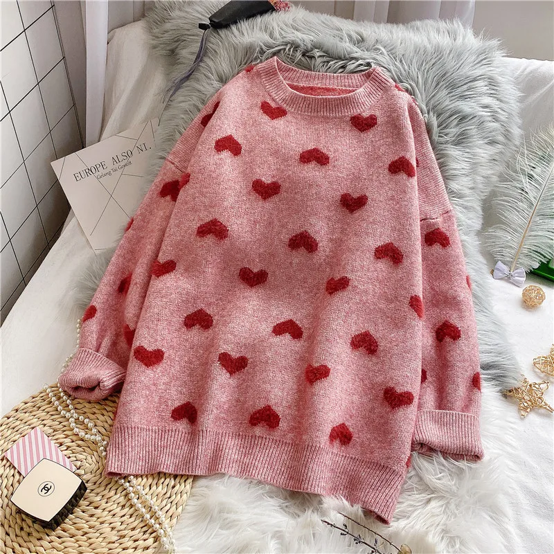 Gaganight Love Heart Мягкий женский свитер с длинным рукавом и круглым вырезом, корейский пуловер, Женский Повседневный свободный модный свитер для студентов, джемпер - Цвет: Розовый