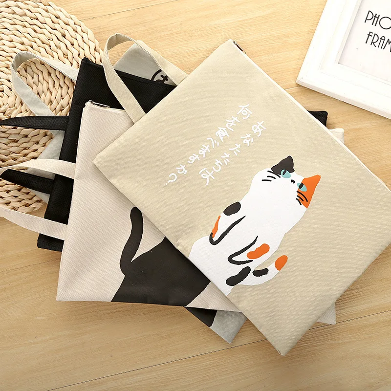 

Coloffice A4 File Bag Creative Cartoon Cute Cat Canvas Office Student Zipper Learning Materials Storage Bag Filing Product 1PC