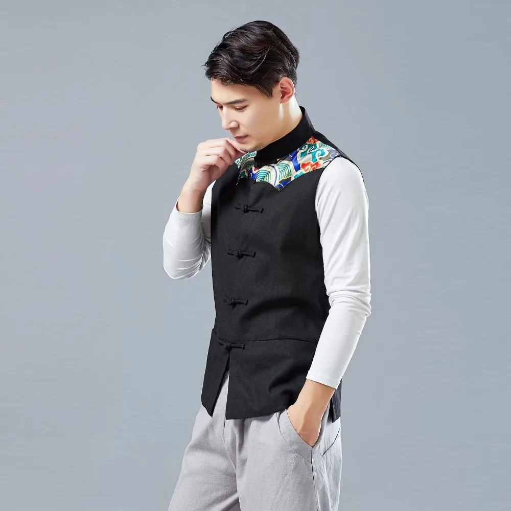 LZJN 2019 Men's Summer Waistcoat Chinese Style Print Patchwork Linen Button Down Kung Fu Shirt Sleeveless Vest Jacket (11)