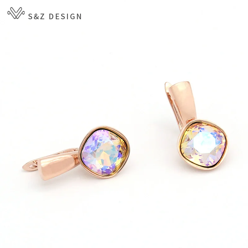 S&Z DESIGN New Fashion Square Crystal Dangle Earrings For Women Luxury Party Wedding Jewelry 585 Rose Gold Color Eardrop