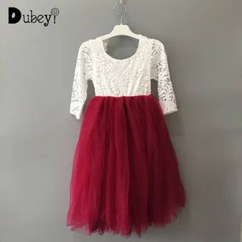 

Floor Length Lace Tulle Fluffy Dress Elegant Flower Girl Princess Dress Wedding Birthday Maxi Dresses Three Quarter Sleeve