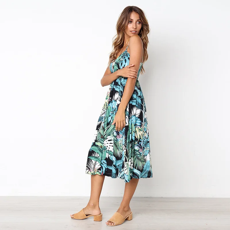 2018 New LOSSKY Women Print Floral Stripe Bohemian Dress V-Neck Sleevele Sexy Button Beach Casual Boho Midi Dress Plus Size 3XL