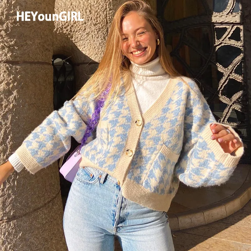 HEYounGIRL pata de gallo a cuadros estampado Cardigan mujeres otoño cuello V Vintage Top corto de punto suéter Casual suelto de punto de invierno