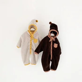 

5572 Winter 2020 Baby Warm Bodysuit Toddler Boys And Girls' One Pieces Clothes with Hat Double Face Plush Warm Onesies Outfits