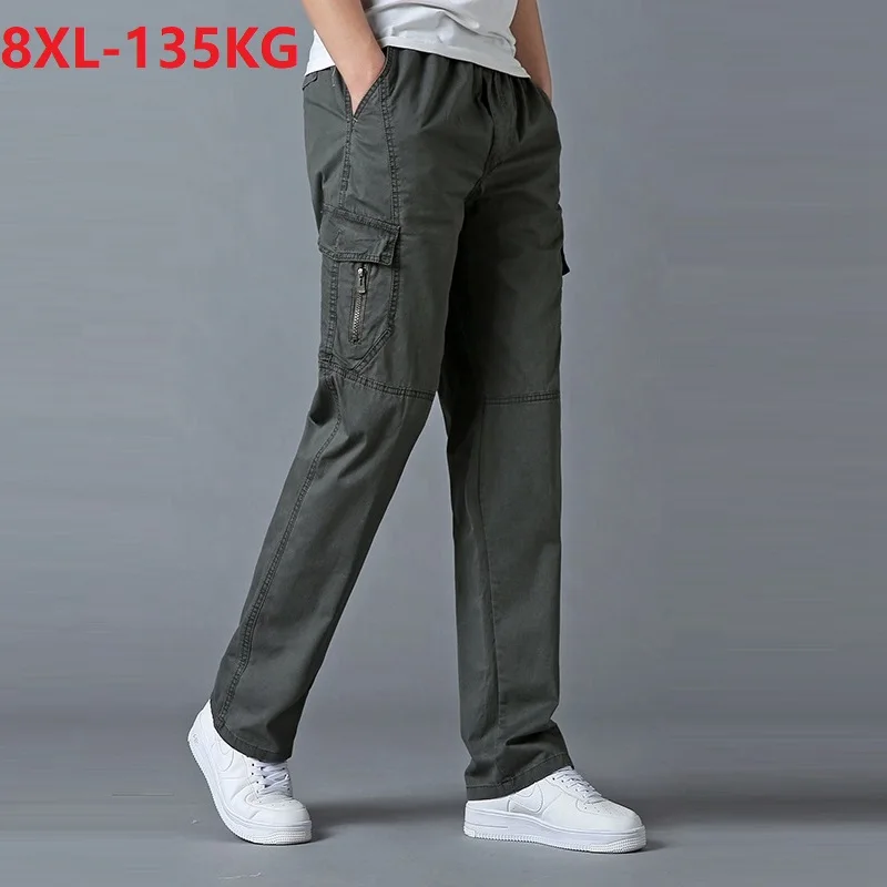 

spring summer Men safari style cargo pants zipper pockets plus size 7XL 8XL loose cotton pants out door loose straight pants 54