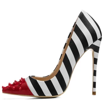 

Studded High Heels 12cm Stilettos Women Pointed Toe Rivet Ladies Party Pumps Zebra Shallow Colorful Shoes Woman 34-44 luxury New