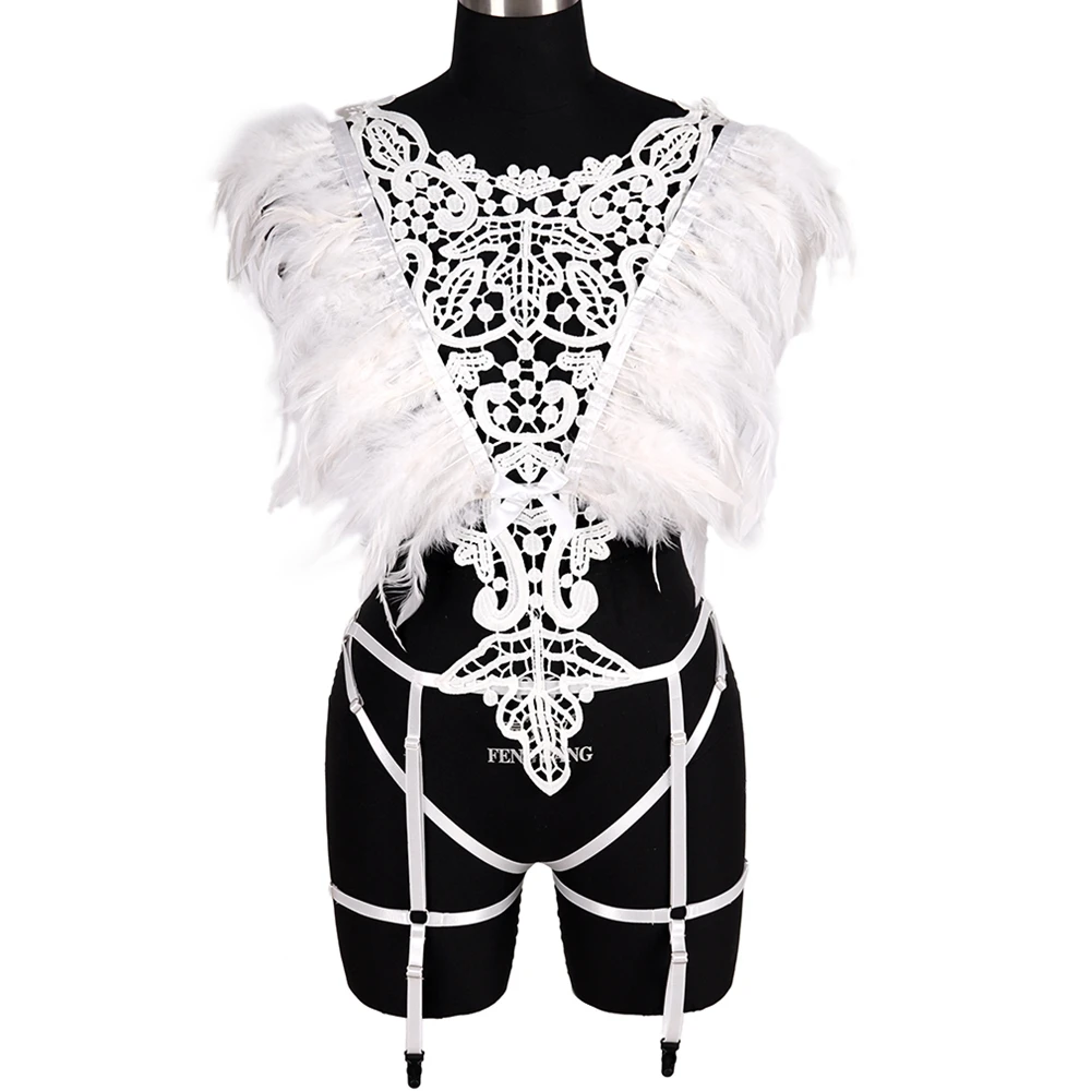 

Cosplay Feather Festival Epaulettes Sexy Full Body Harness Bra Bondage Set Goth Steampunk Wings Halloween Club Dance Rave Wear