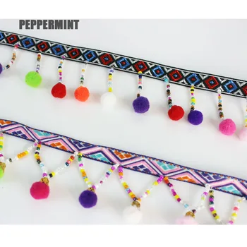 

1yard Bohemia Pom pom Beads Fringe Tassels Braid Jacquard Ribbon Trim for Embellishments Crafts Sewing Accessory