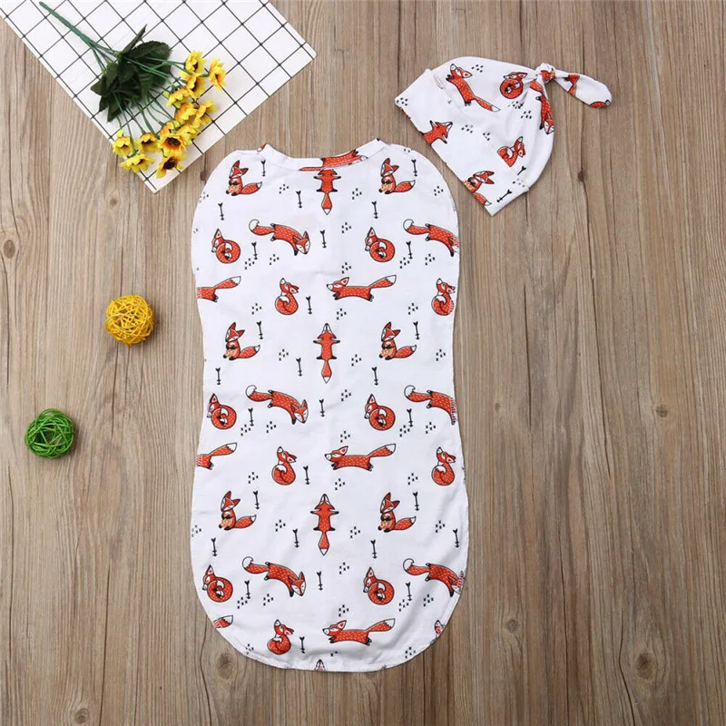2Pcs Infant Baby Cartoon Printed Blanket Soft Plain Swaddle Muslin Wrap Swaddling Newborn Baby Zipper Cotton Sleeping Bag+Hat